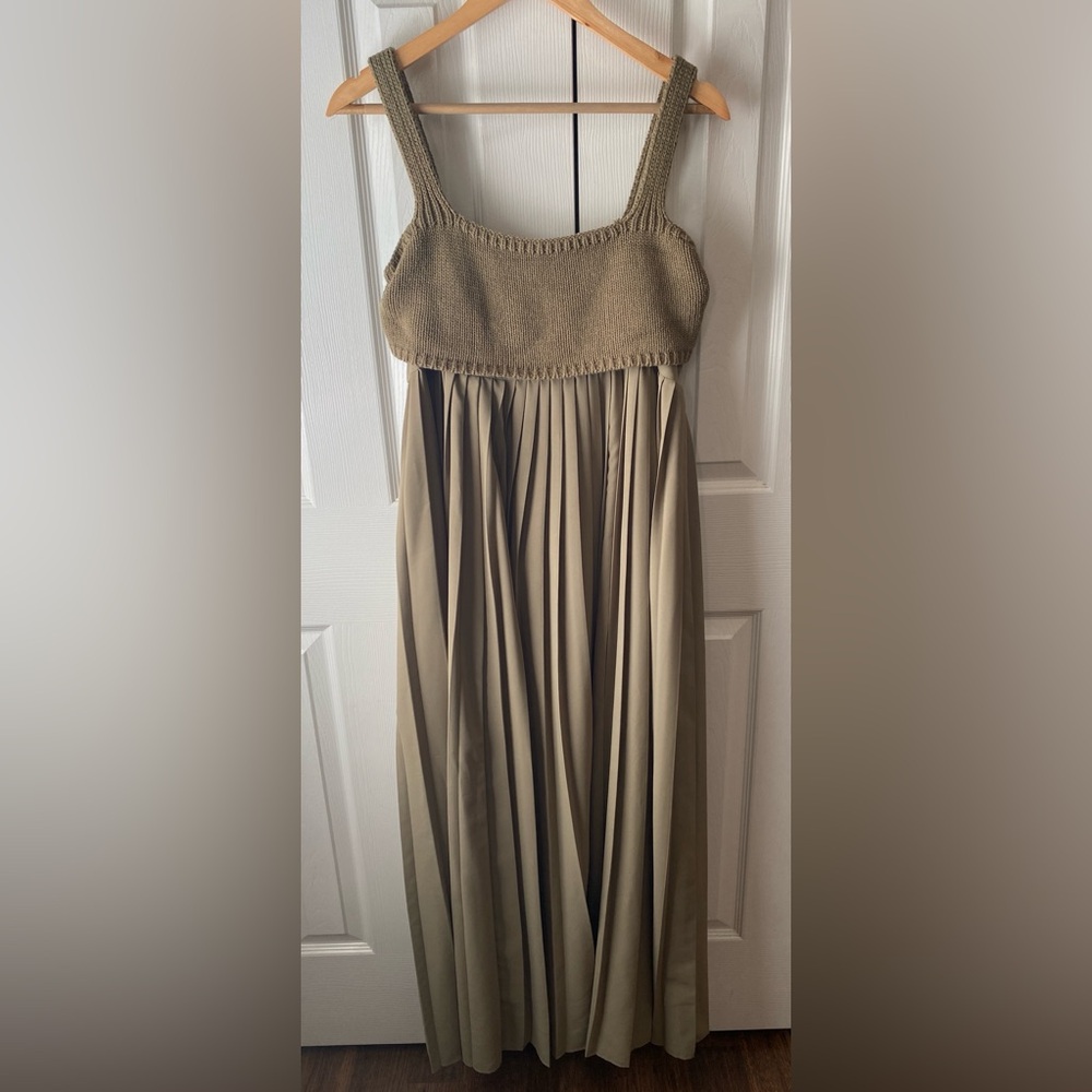 mare mare x ANTHROPOLOGIE Khaki Pleated Twofer Pleated Sleeveless Maxi Dress M - Picture 3 of 12